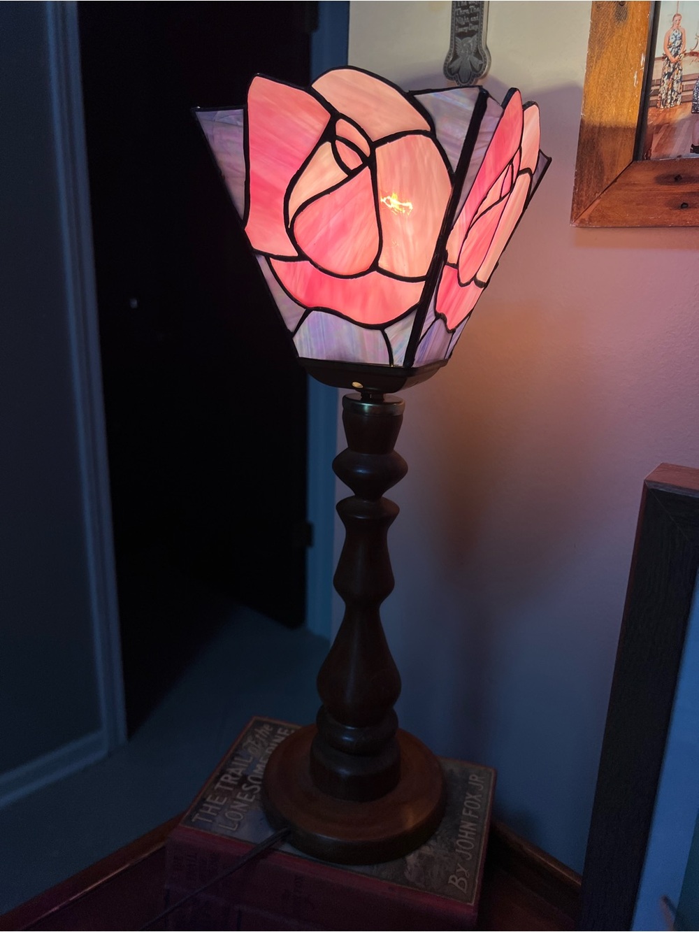 Custom Pink Stained Glass Rose Accent Lamp with Wood base